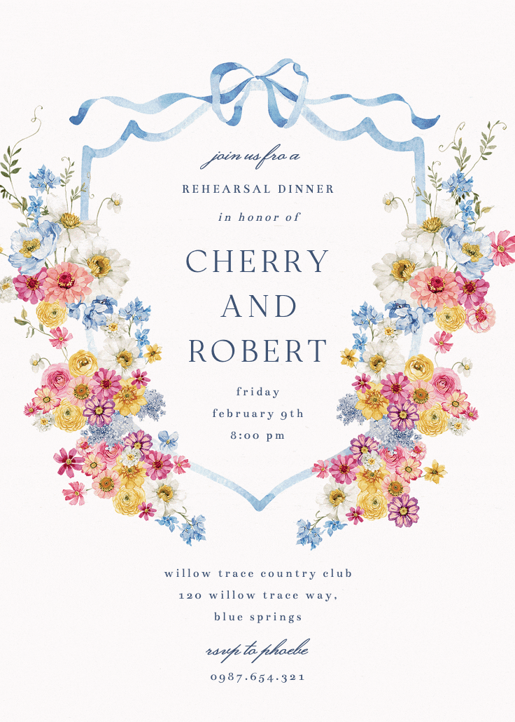 Blooms around crest - rehearsal dinner party invitation