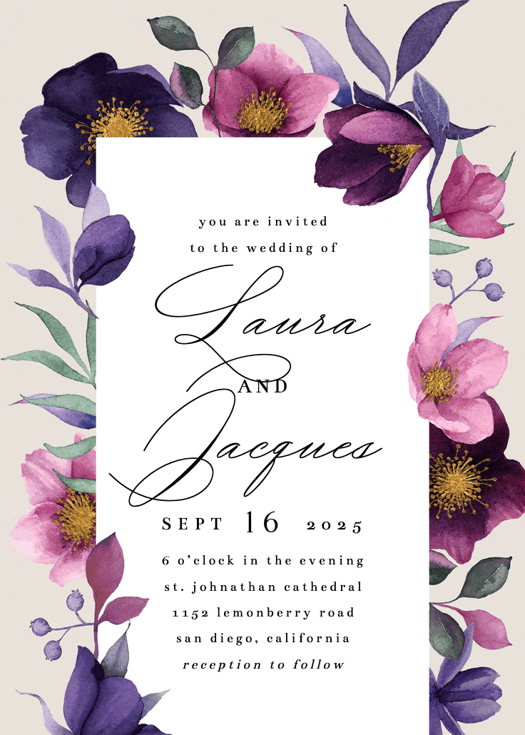 Pink purple flowers - wedding invitation