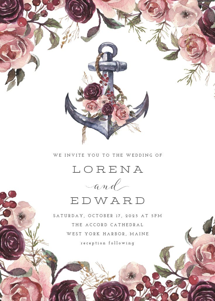 Anchor and floral frame - wedding invitation