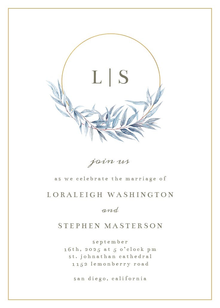 Monogram navy leaves - wedding invitation