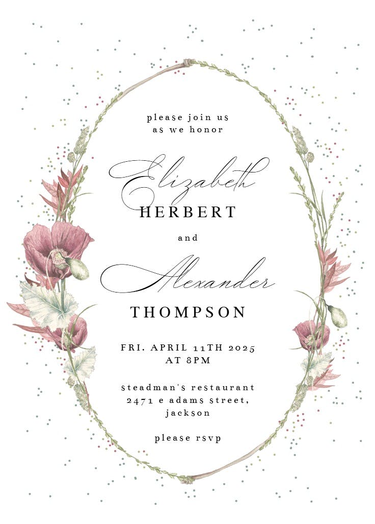 Poppy flower wreath - rehearsal dinner party invitation