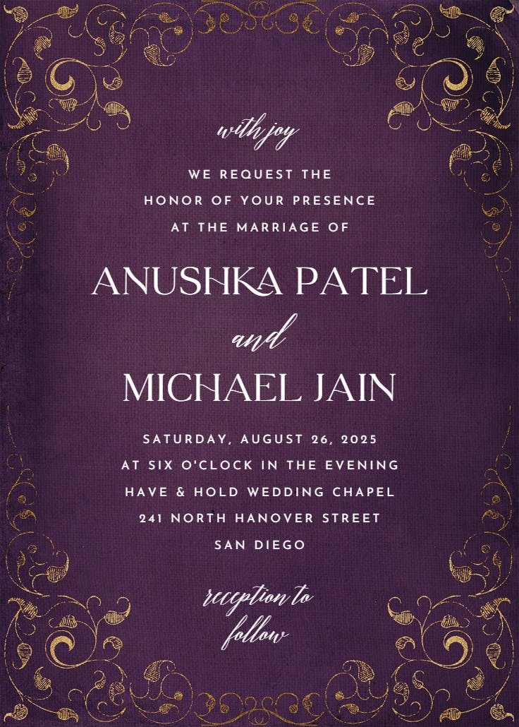 Swirls and frames purple - wedding invitation