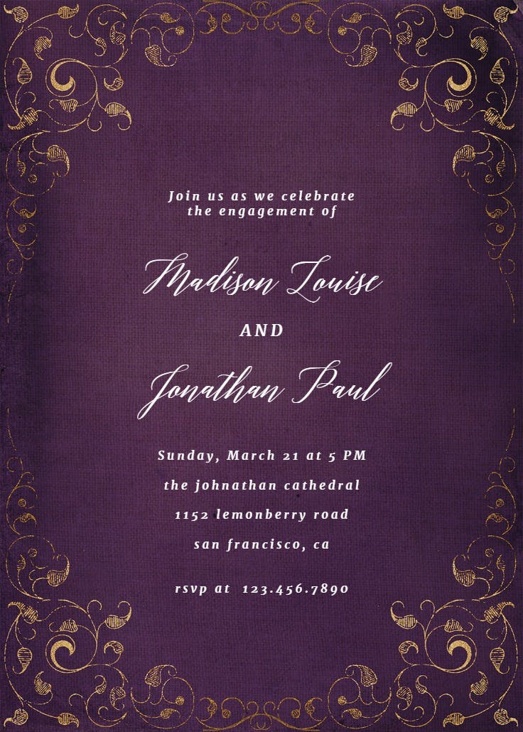 Swirls and frames purple - engagement party invitation