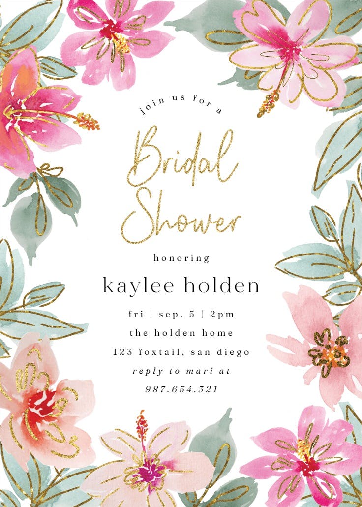Tropical glitter flowers - bridal shower invitation